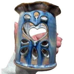 Greg Olson Art Pottery Blue Drip‎ Glaze Heart Cut Out Tealight Candle Holder